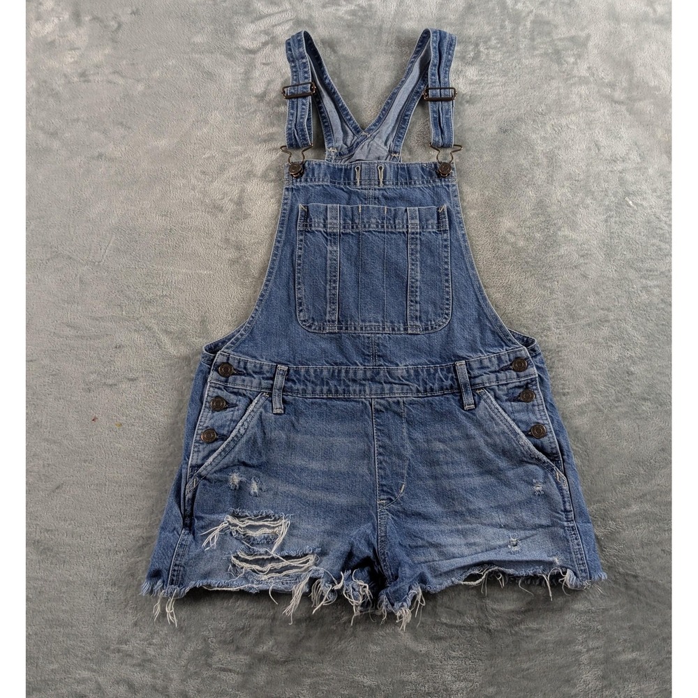 Abercrombie & Fitch Shortalls Womens Small Blue Denim Distressed Bib Shorts